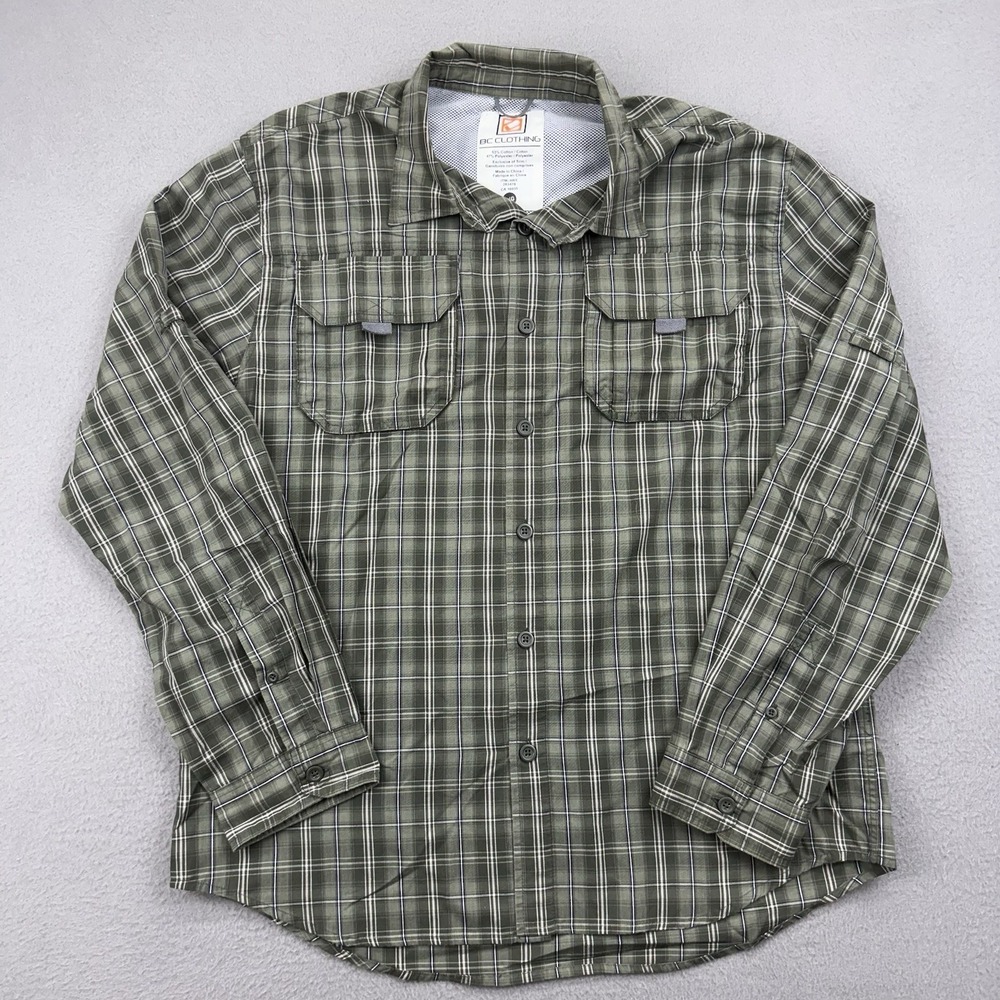 BC Clothing Mens Plaid Button Front Shirt Green Vented Long Sleeve Large